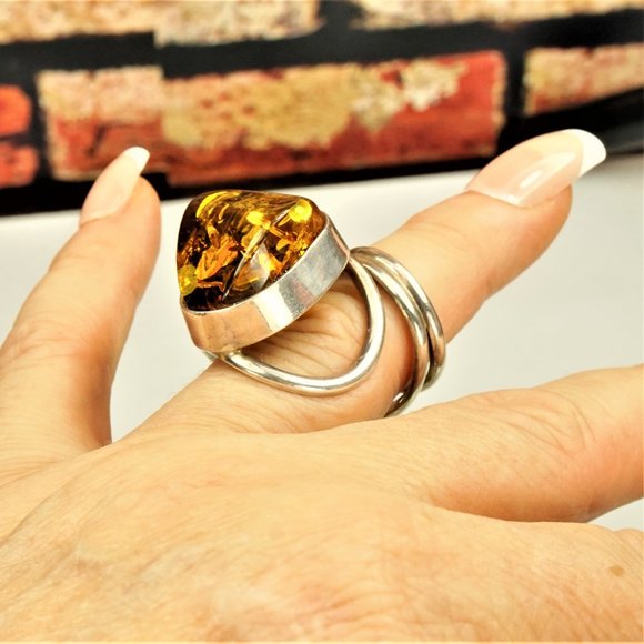 LARGE BALTIC AMBER 925 SILVER ADJUSTABLE RING, UNIQUE DESIGN, GIFT FOR WOMEN - Picture 13 of 16